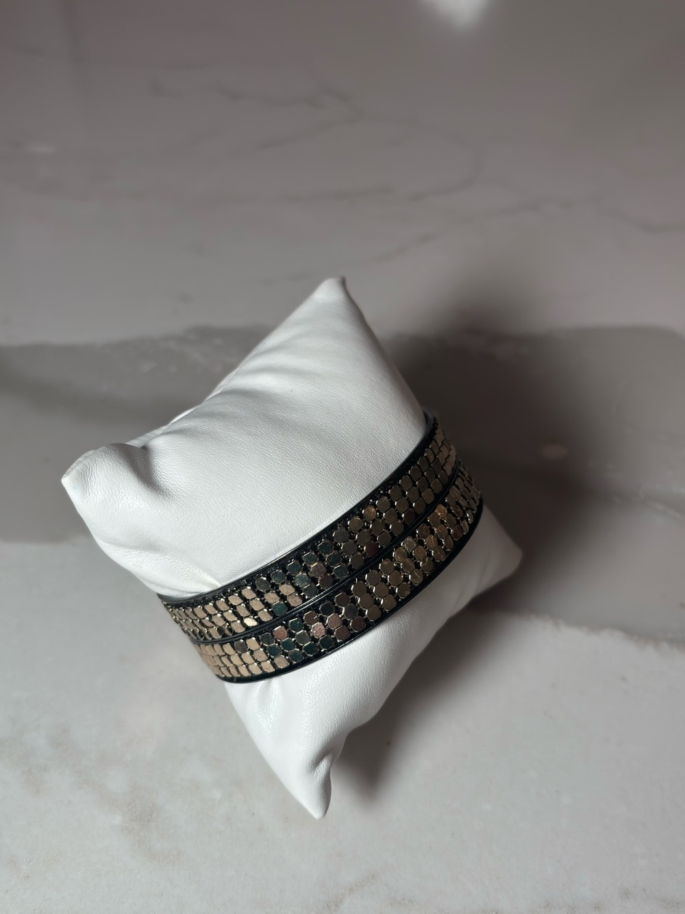 Black Leather Bracelet with Silver Sequin Detailing - Picture 2 of 2